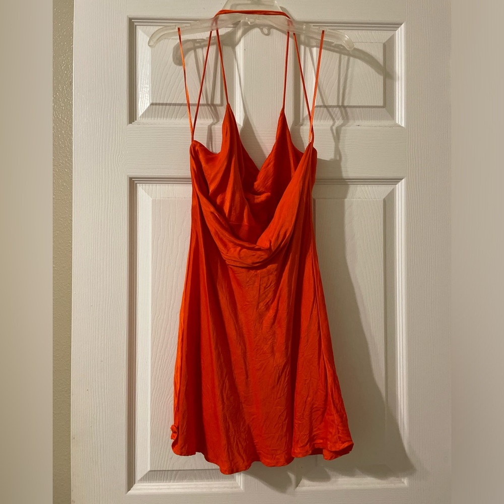ZARA Satin Dress Strappy Mini Cowl Neck Open Back Orange/Red